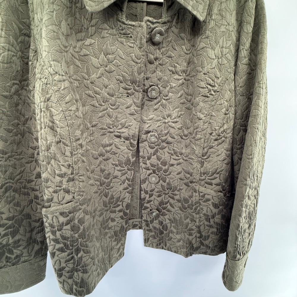 J.Jill XL Textured Floral Jacket Olive Green Cotton Blend Button Front - Picture 2 of 6